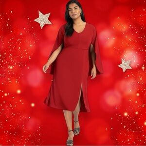 NWT Eloquii Bright Red Capelet V-Neck Midi Dress with Side Slit Plus Size 26/28